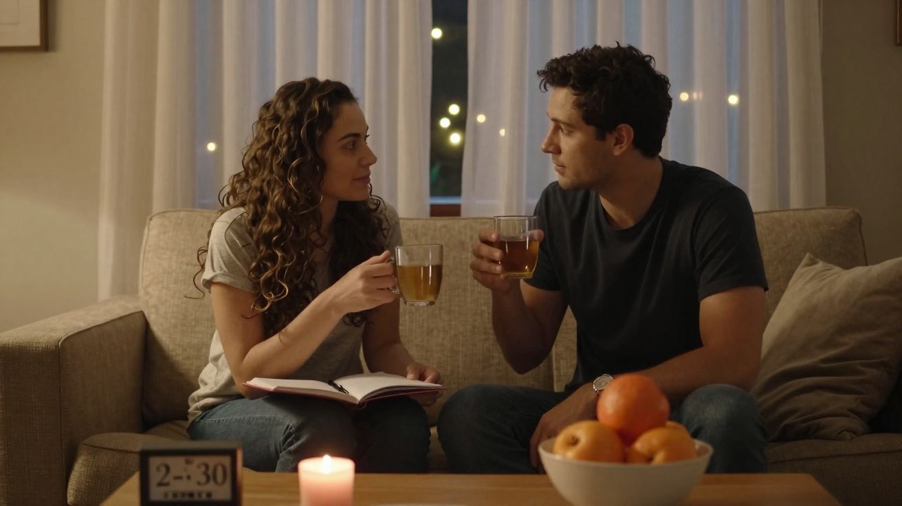 Casal sentado no sofá a brindar com chá, com livro ao colo, candeeiro aceso e bowl de frutas na mesa.