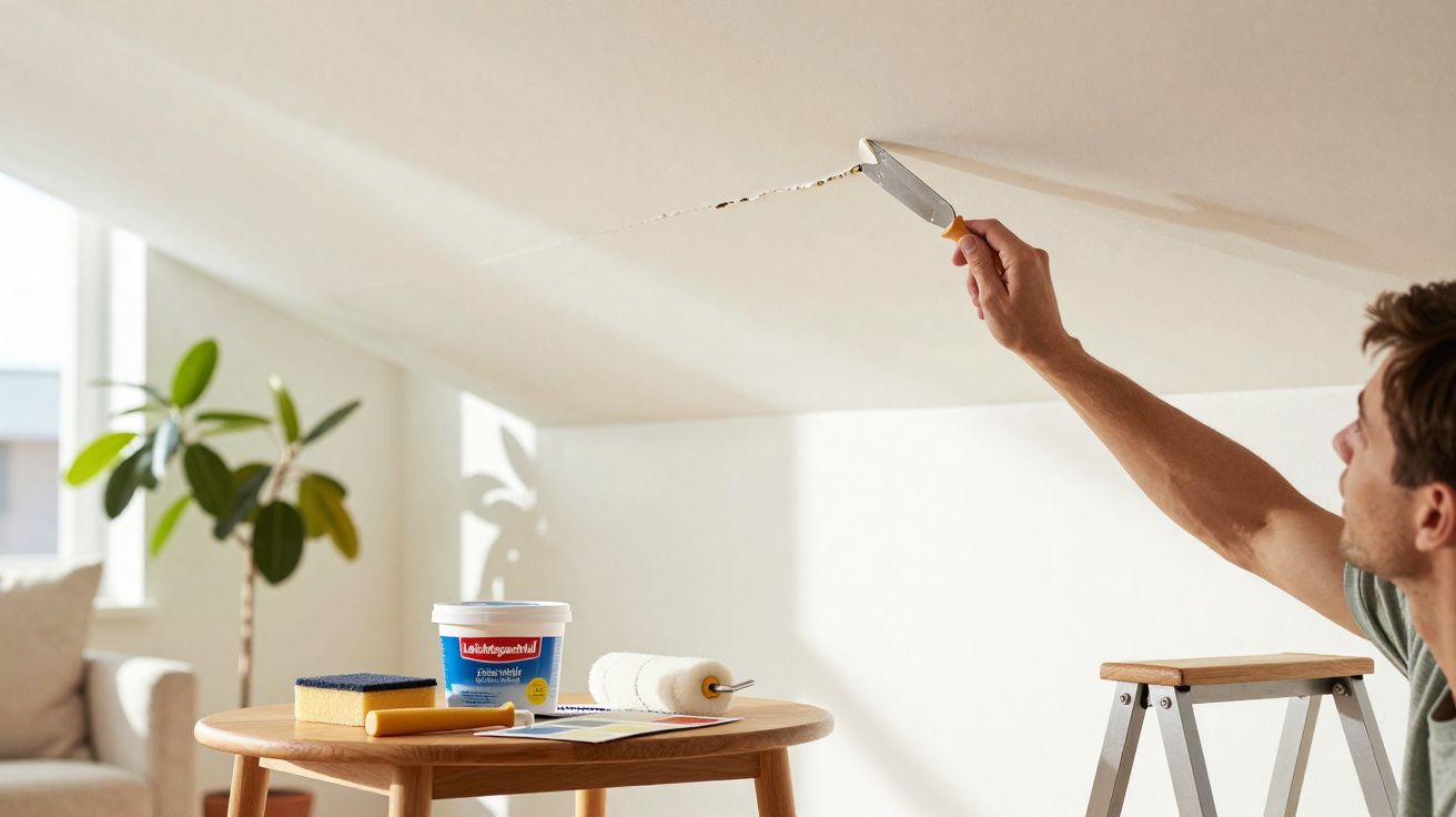 Homem a reparar fissura no teto branco com espátula numa sala iluminada e materiais de pintura numa mesa.