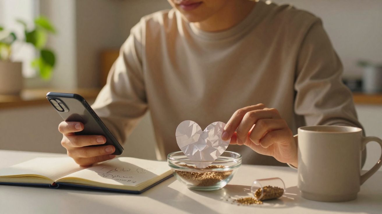 Pessoa sentada numa mesa com um smartphone, a colocar um coração de papel num recipiente com sementes.