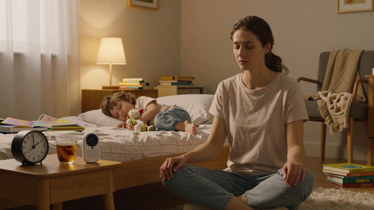 Mulher sentada no chão a meditar perto de cama onde criança dorme abraçada a um boneco.
