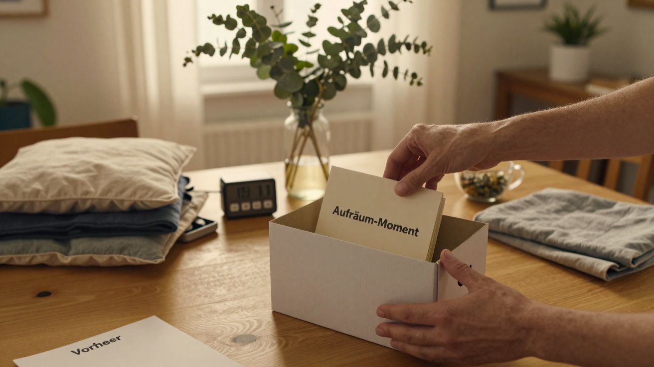 Mãos organizam cartões numa caixa sobre uma mesa de madeira com roupas e um vaso de plantas ao fundo.