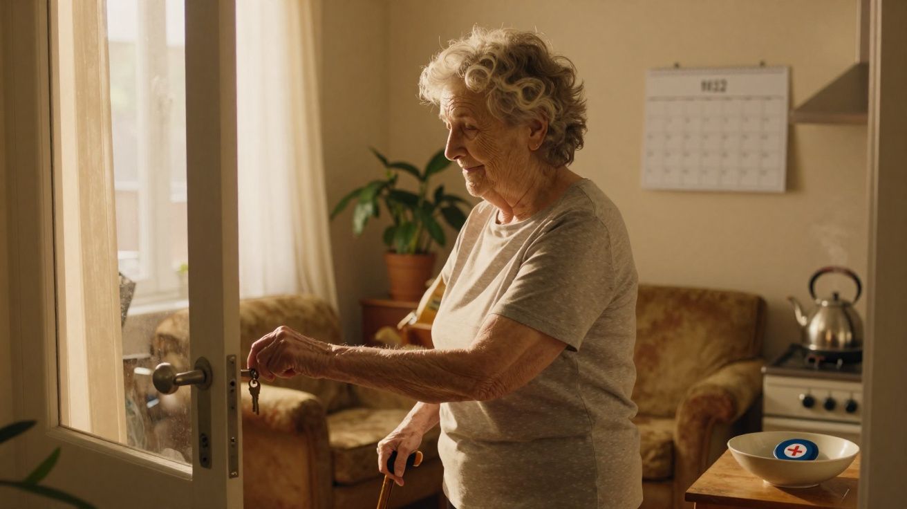 Idosa com fita cinza segura chave para abrir porta de vidro numa sala com planta e calendário na parede.