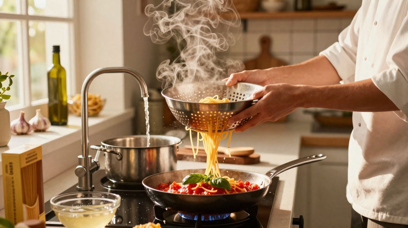 Pessoa a escorrer esparguete com coador para uma frigideira com molho de tomate e manjericão numa cozinha moderna.