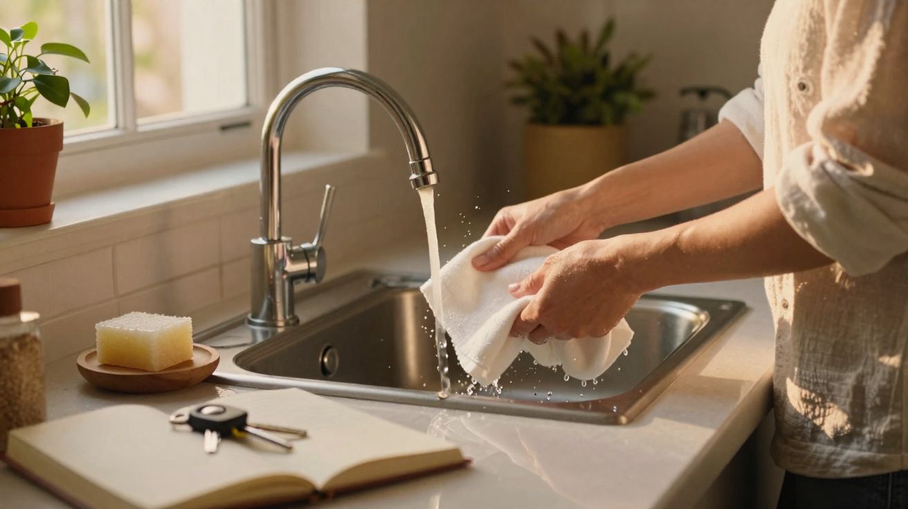 Pessoa a lavar um pano junto a uma pia com torneira aberta numa cozinha iluminada.
