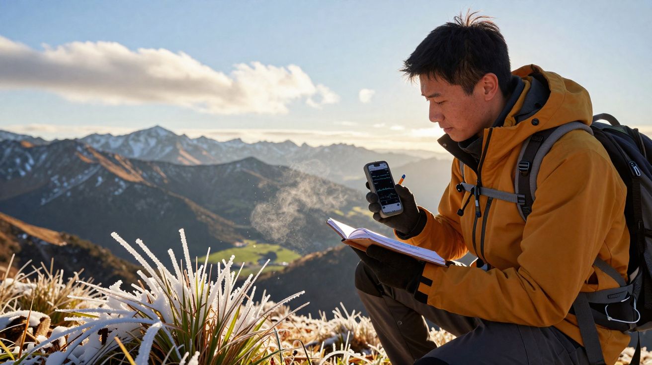 Homem com casaco amarelo usa telemóvel e escreve em caderno numa montanha com geada e vista de vales e picos.