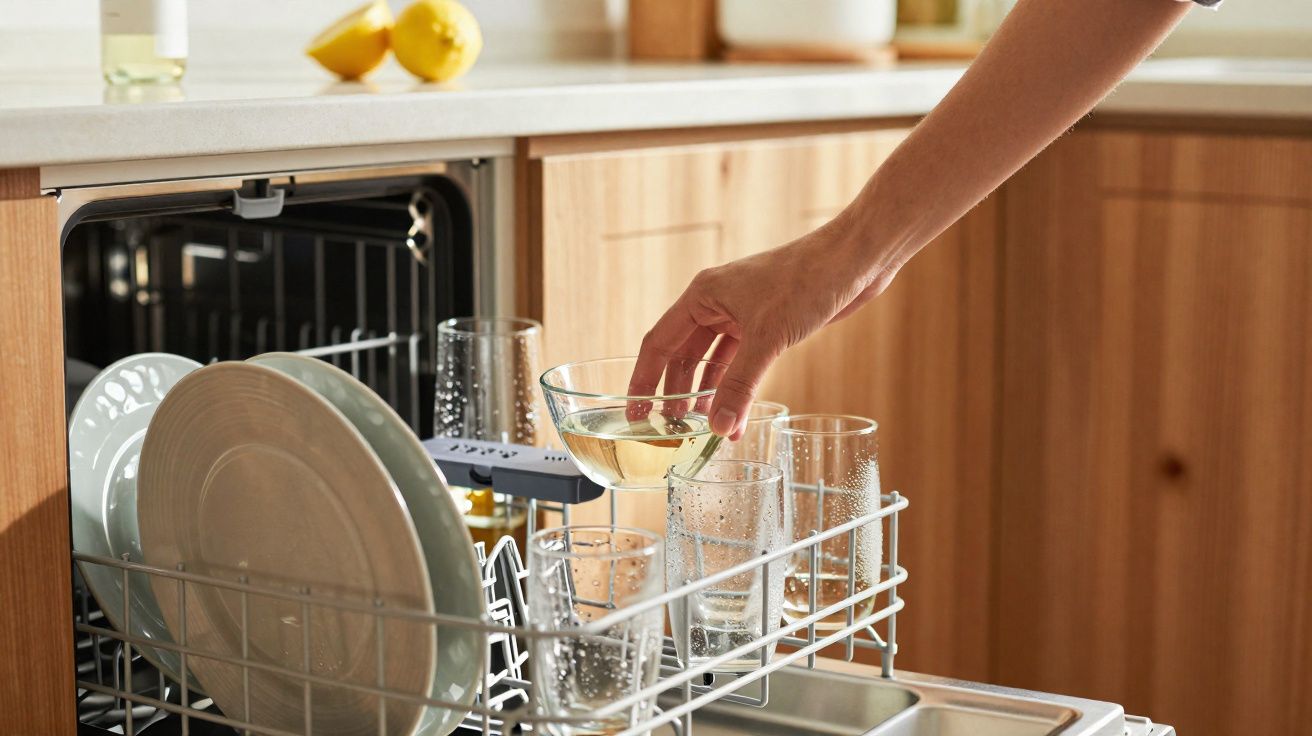 Mão a colocar taça de vidro húmida na máquina de lavar loiça com pratos e copos no interior.