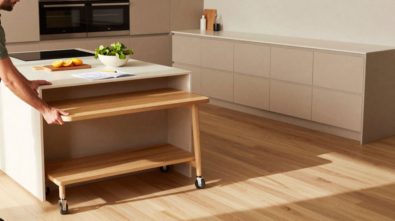 Mãos a puxar uma tábua de madeira móvel numa cozinha moderna com ilha branca e móveis cinza.