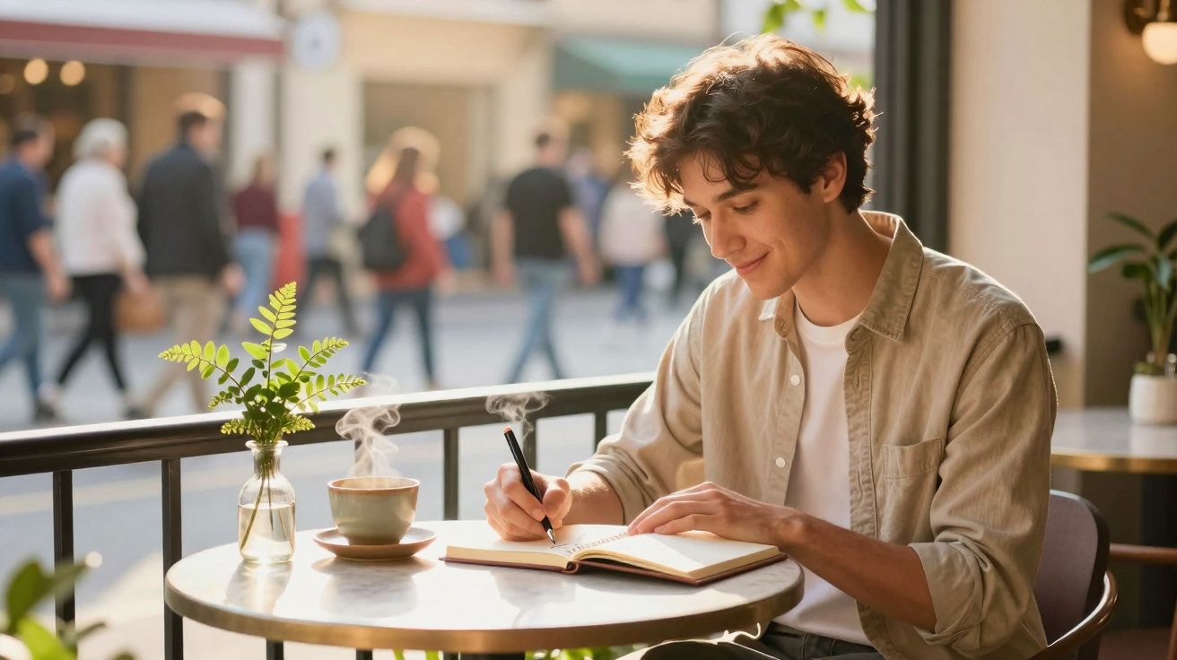 Jovem sentado numa esplanada a escrever num caderno com chá fumegante ao lado numa manhã soalheira.
