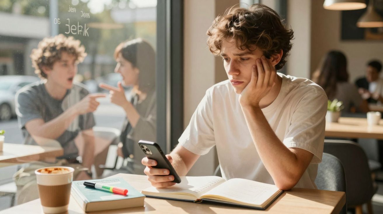 Jovem sentado num café a olhar preocupado para o telemóvel, com livros e caderno abertos à sua frente.