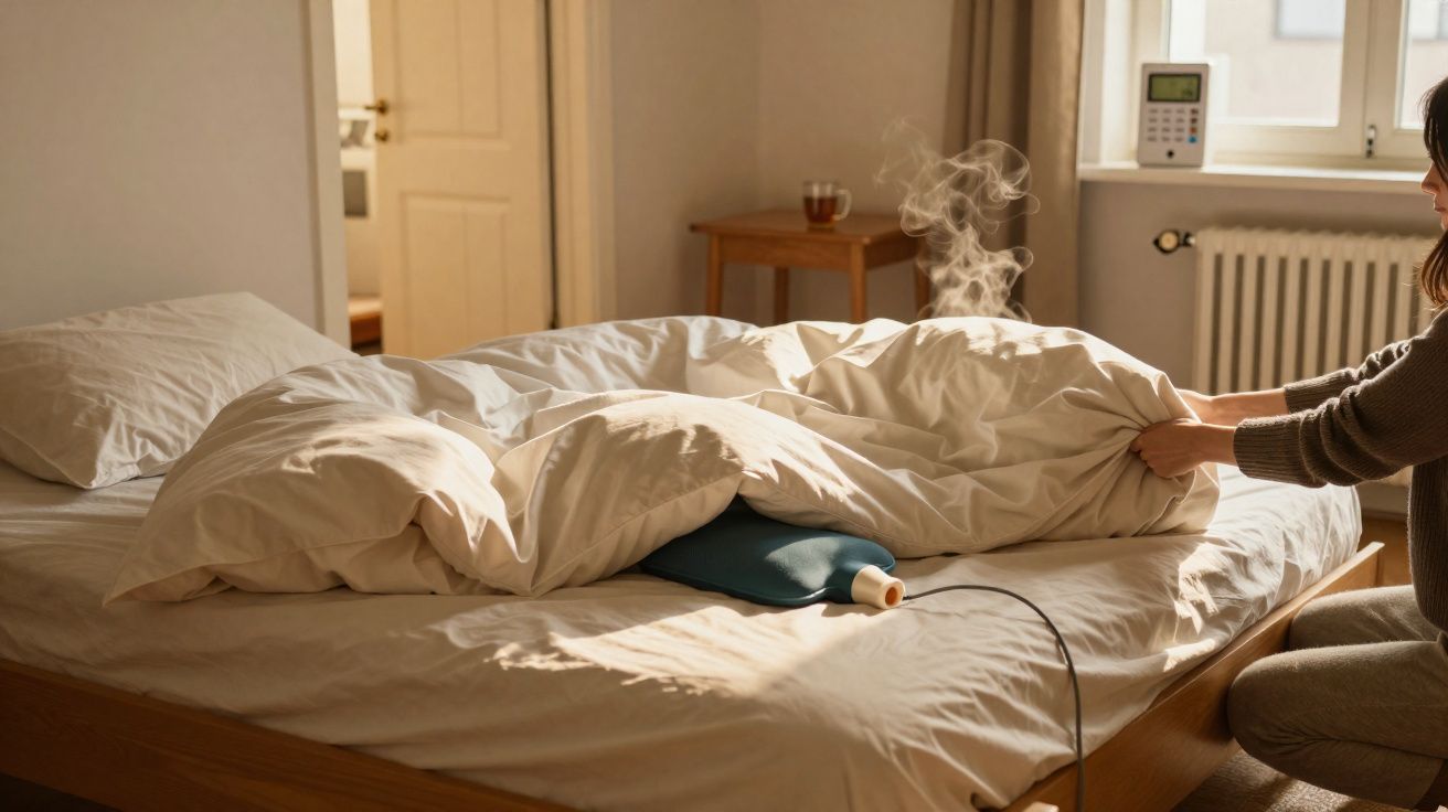 Pessoa a levantar o edredão de uma cama, revelando uma bolsa de água quente que emite vapor.