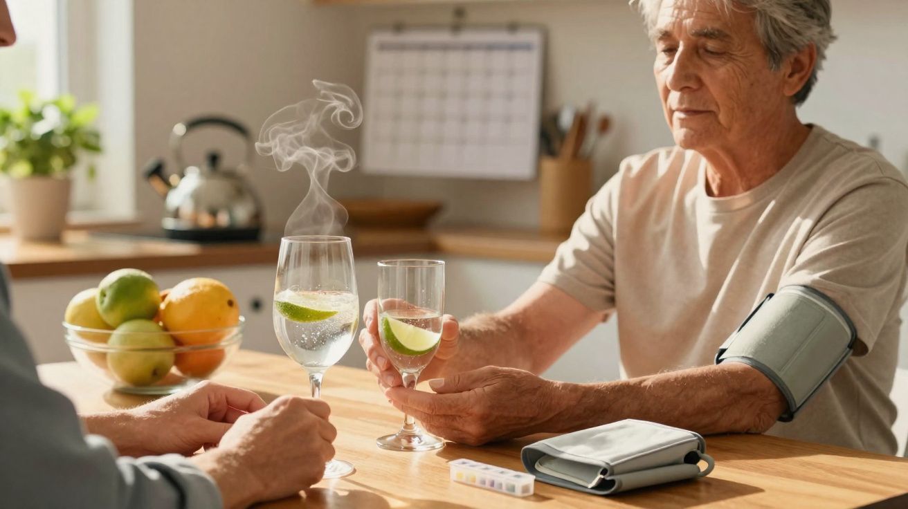 Idoso a medir a tensão arterial e a beber água com limão numa cozinha iluminada.