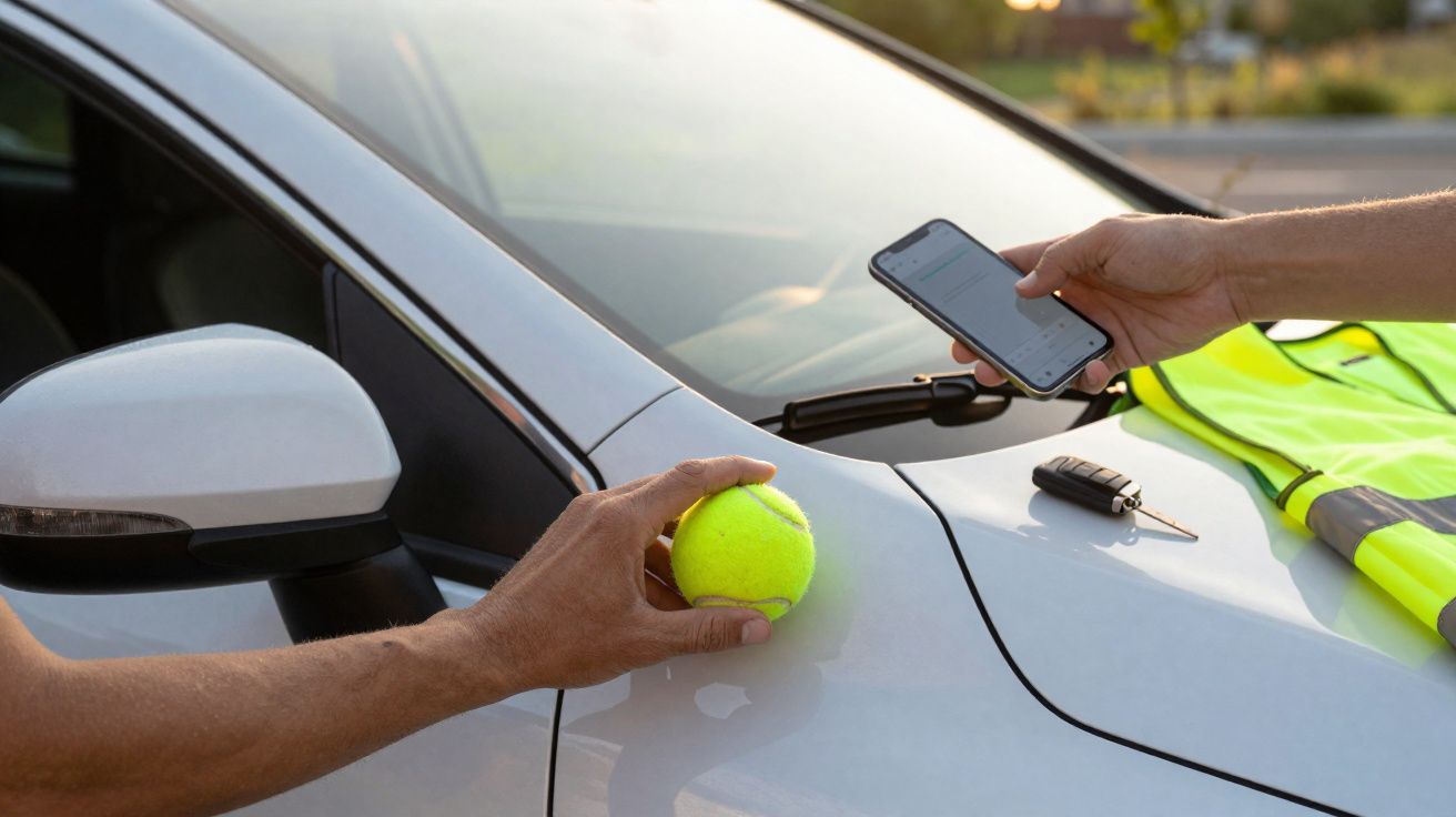Mão a segurar uma bola de ténis junto a um carro branco, outra mão usa telemóvel, chave e colete amarelo refletores.