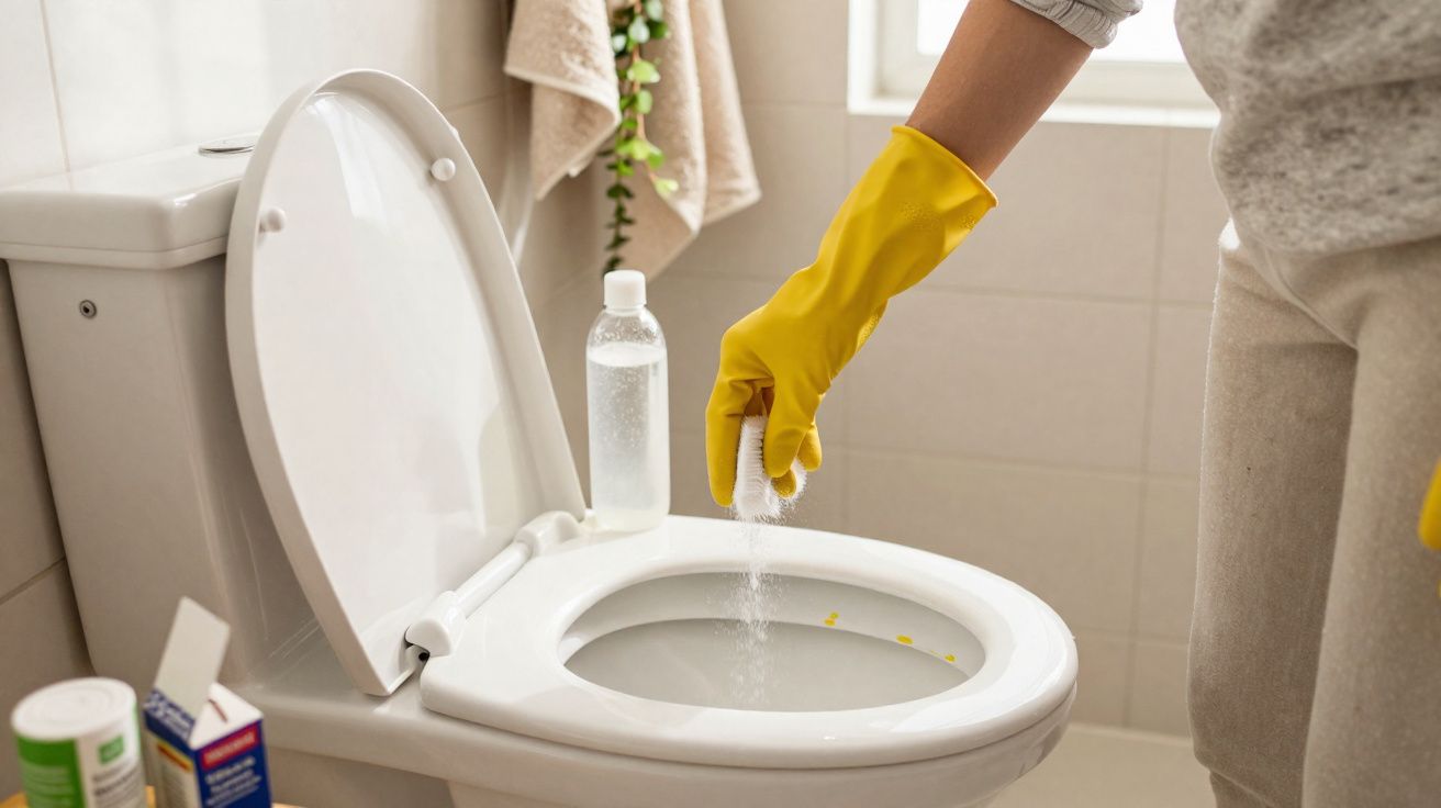 Pessoa com luvas amarelas a aplicar produto de limpeza na sanita branca numa casa de banho luminosa.