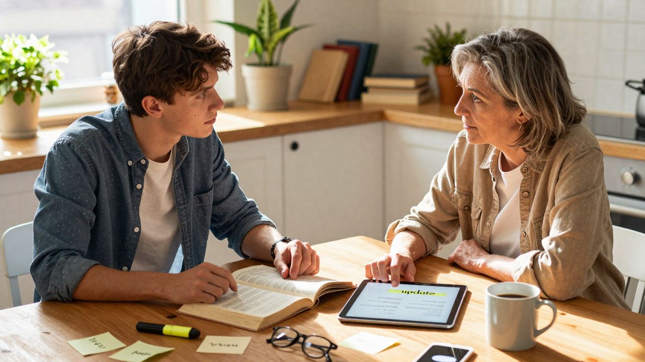 Mulher sénior e jovem conversam numa cozinha enquanto usam livro e tablet numa mesa com café e notas.