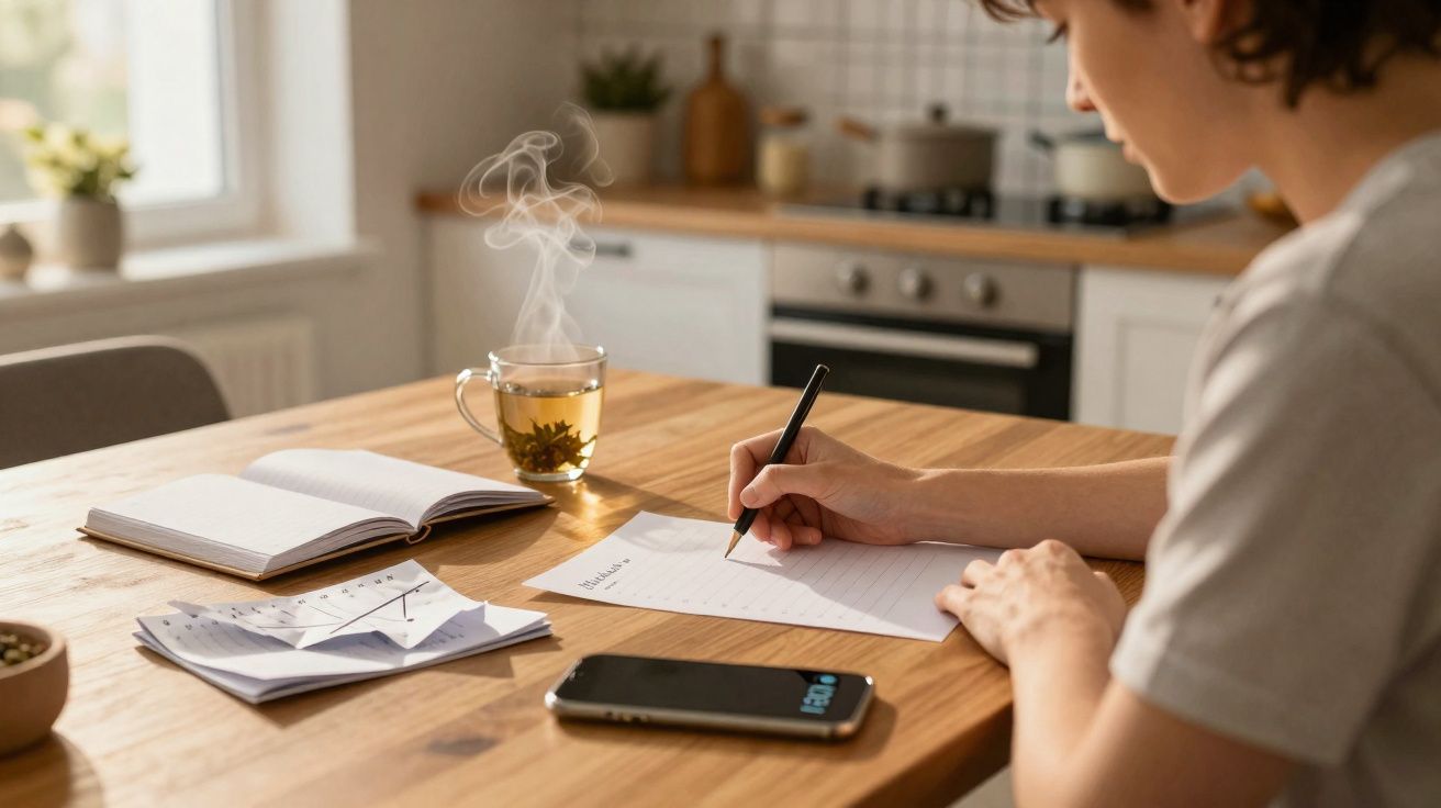 Pessoa a escrever numa folha com caderno, telefone e chá quente numa mesa de cozinha iluminada pela manhã.