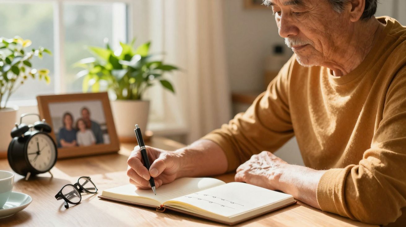 Homem idoso a escrever num caderno numa mesa com óculos, relogio e uma foto de família ao fundo.