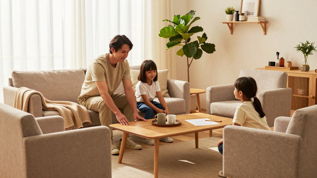 Pai com duas filhas sentados em sala de estar moderna e acolhedora com decoração neutra e planta.