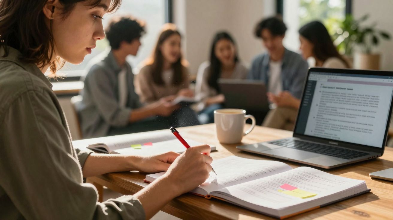 Pessoa a escrever em caderno com computador aberto em secretária, grupo de pessoas ao fundo a discutir.