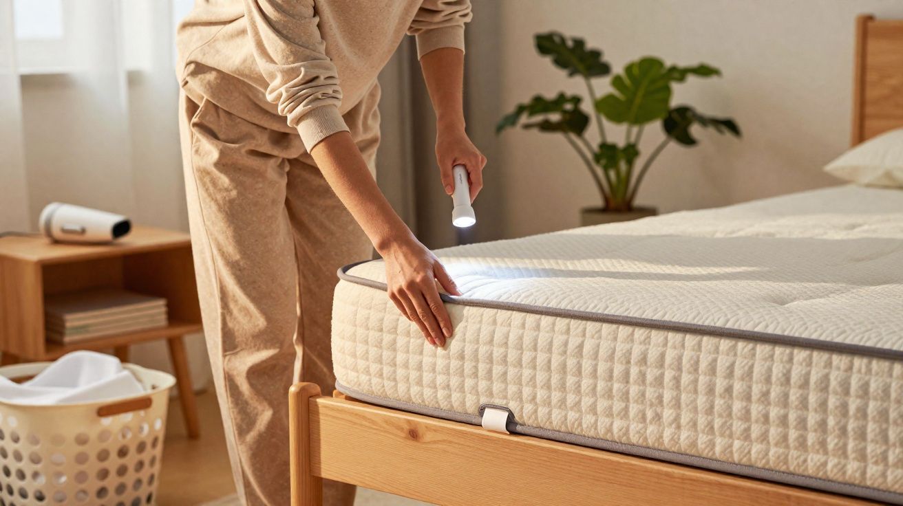 Pessoa a inspecionar colchão com lanterna num quarto com iluminação natural e decoração simples.