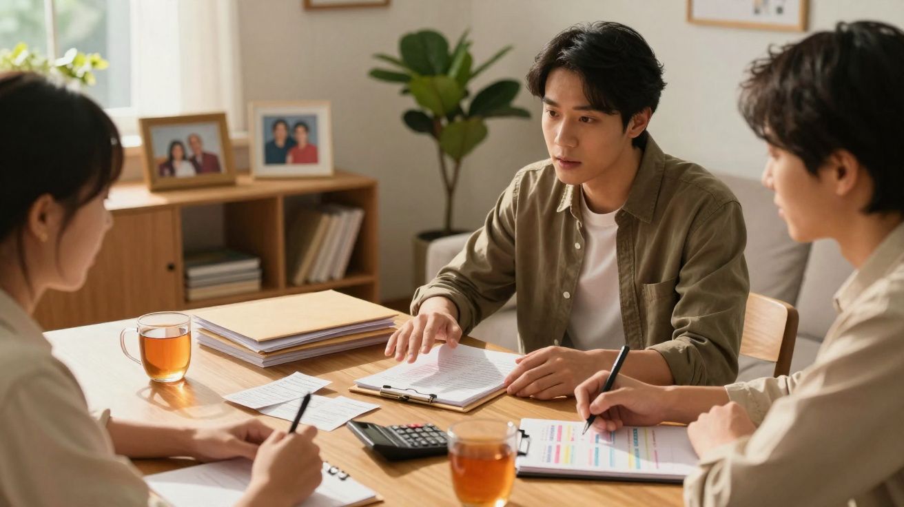 Três pessoas reunidas à mesa a discutir documentos, com canecas de chá e calculadora sobre a mesa.