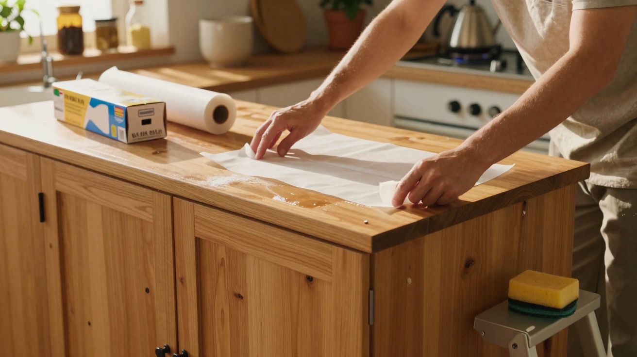 Pessoa a forrar uma bancada de cozinha com papel vegetal num ambiente luminoso e acolhedor.