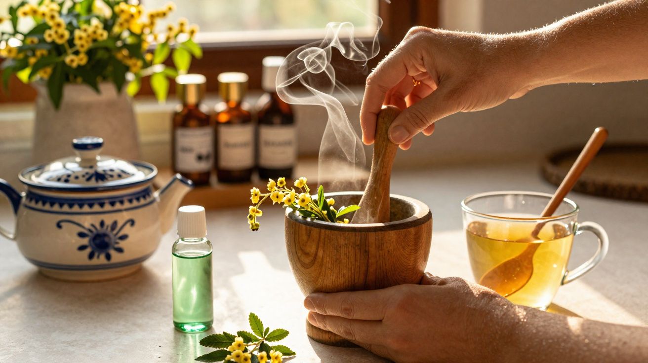 Mãos a triturar ervas num almofariz com chá quente, flores amarelas e frascos de óleos essenciais ao fundo.