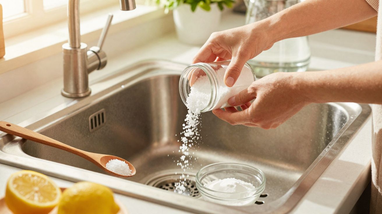 Pessoa a despejar sal grosso num lava-loiça com limões e utensílios de cozinha à volta.