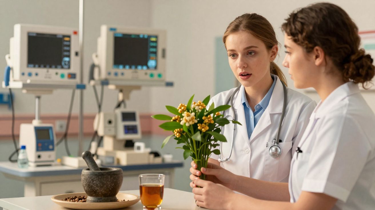 Duas médicas em consulta num hospital a observar planta medicinal, com equipamentos médicos ao fundo.