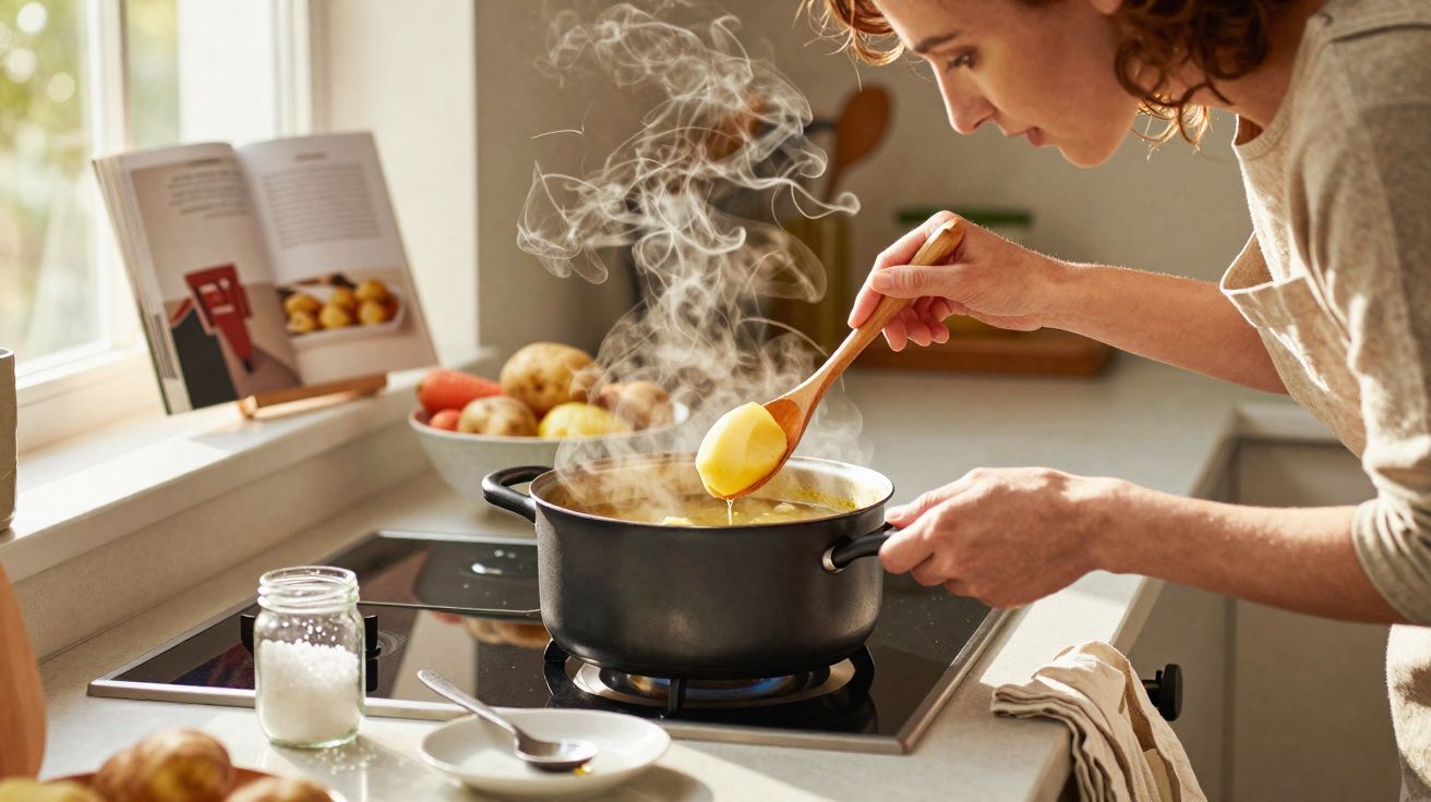 Mulher a cozinhar batatas numa panela a ferro no fogão da cozinha, com vapor visível.