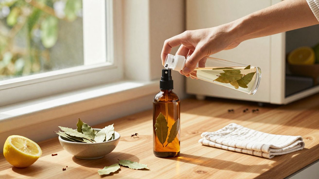 Pessoa a despejar óleo aromatizado com folhas de louro numa garrafa de vidro num balcão junto à janela.
