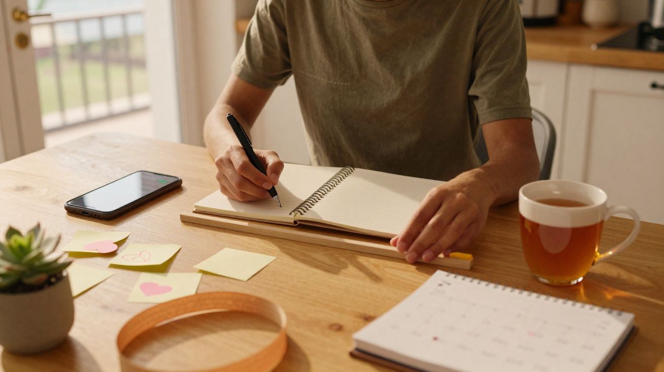 Pessoa a escrever num caderno aberto numa mesa com chá, telemóvel, notas adesivas e calendário.