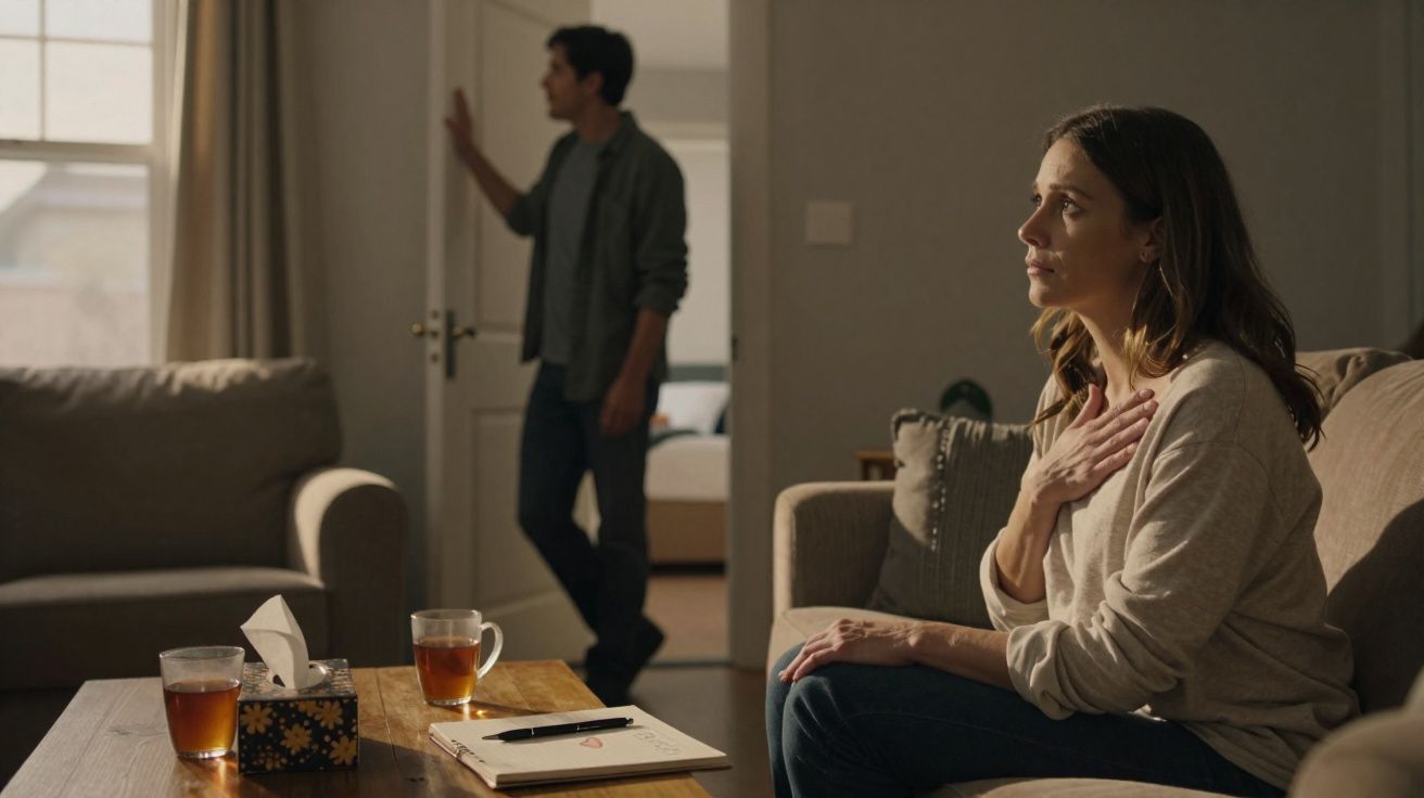 Mulher sentada no sofá com expressão pensativa, homem de pé afastando-se pela porta ao fundo.