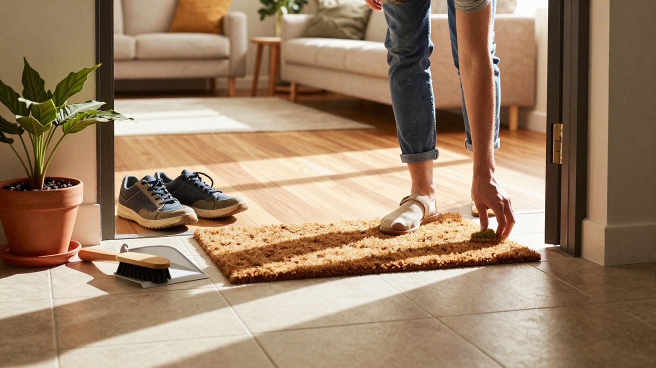 Pessoa a limpar um tapete castanho claro numa entrada de casa, com sapatos e uma planta ao lado.