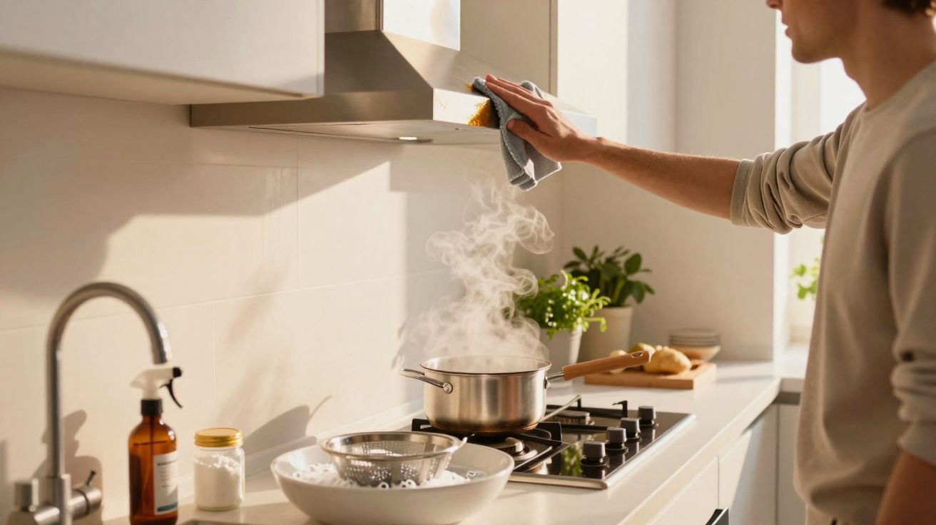 Pessoa a limpar exaustor enquanto coze alimento numa panela com vapor numa cozinha moderna.