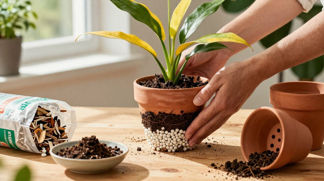 Pessoa transplantando planta com bolas fertilizantes em vaso de barro sobre mesa de madeira clara.