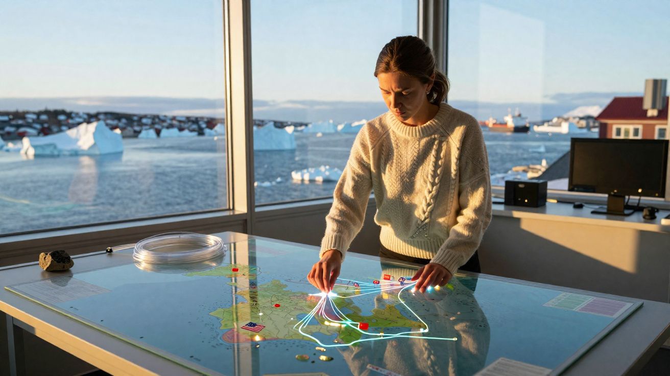 Mulher a analisar mapa interativo numa sala com vista para icebergues e mar ao longe ao pôr do sol.