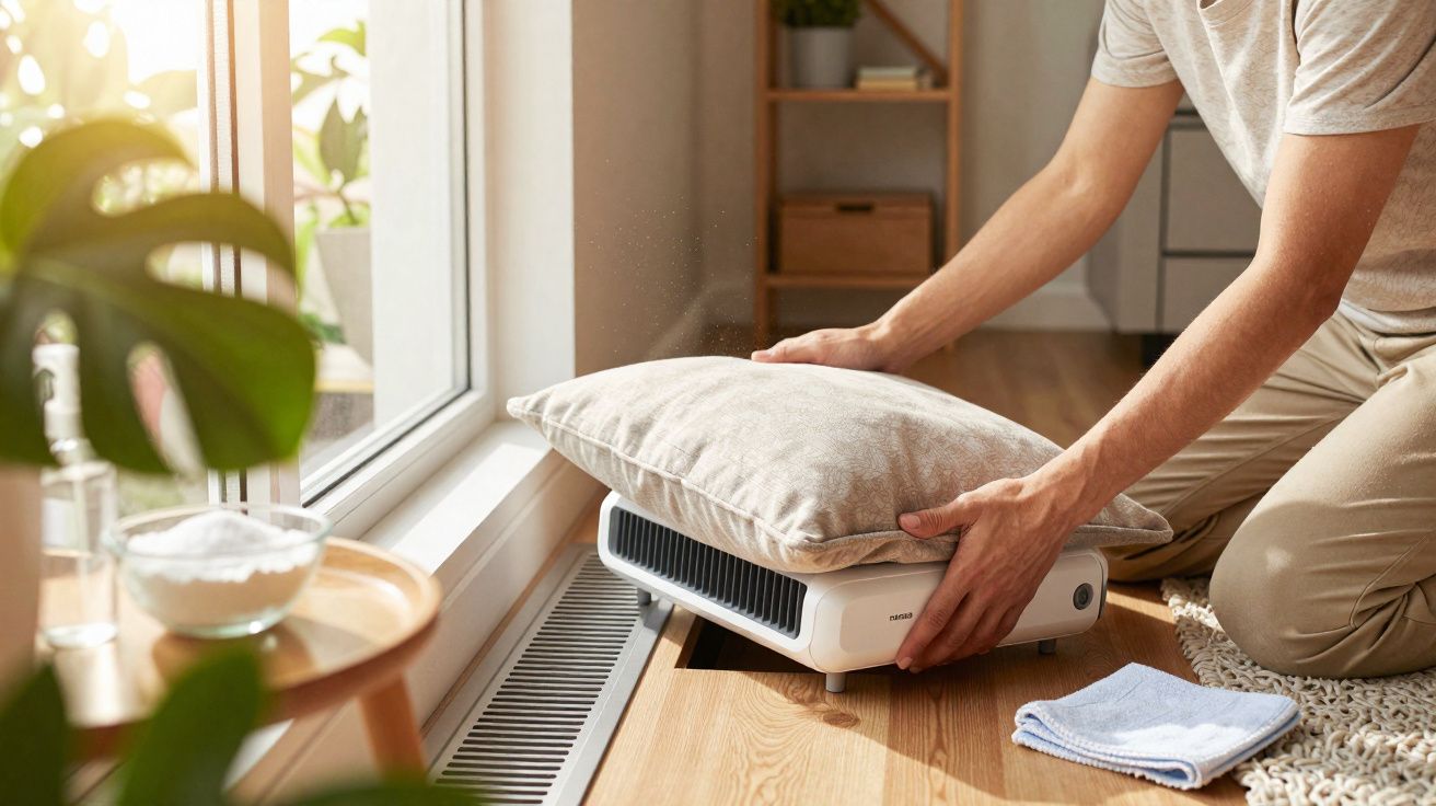 Pessoa a secar almofada sobre aparelho de ar quente junto a janela num ambiente doméstico.