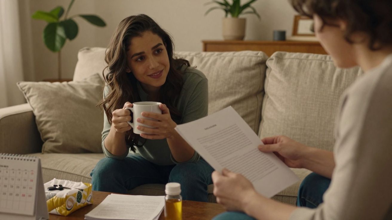 Duas pessoas sentadas no sofá a conversar, uma segura uma caneca e outra um documento de papel.