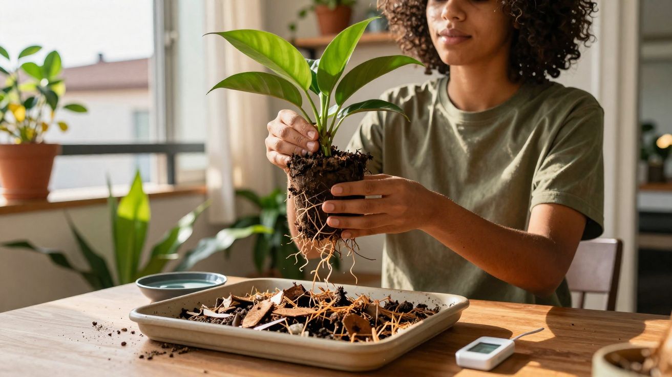 Pessoa a transplantar planta com raízes expostas, em ambiente interior com luz natural e várias plantas ao fundo.