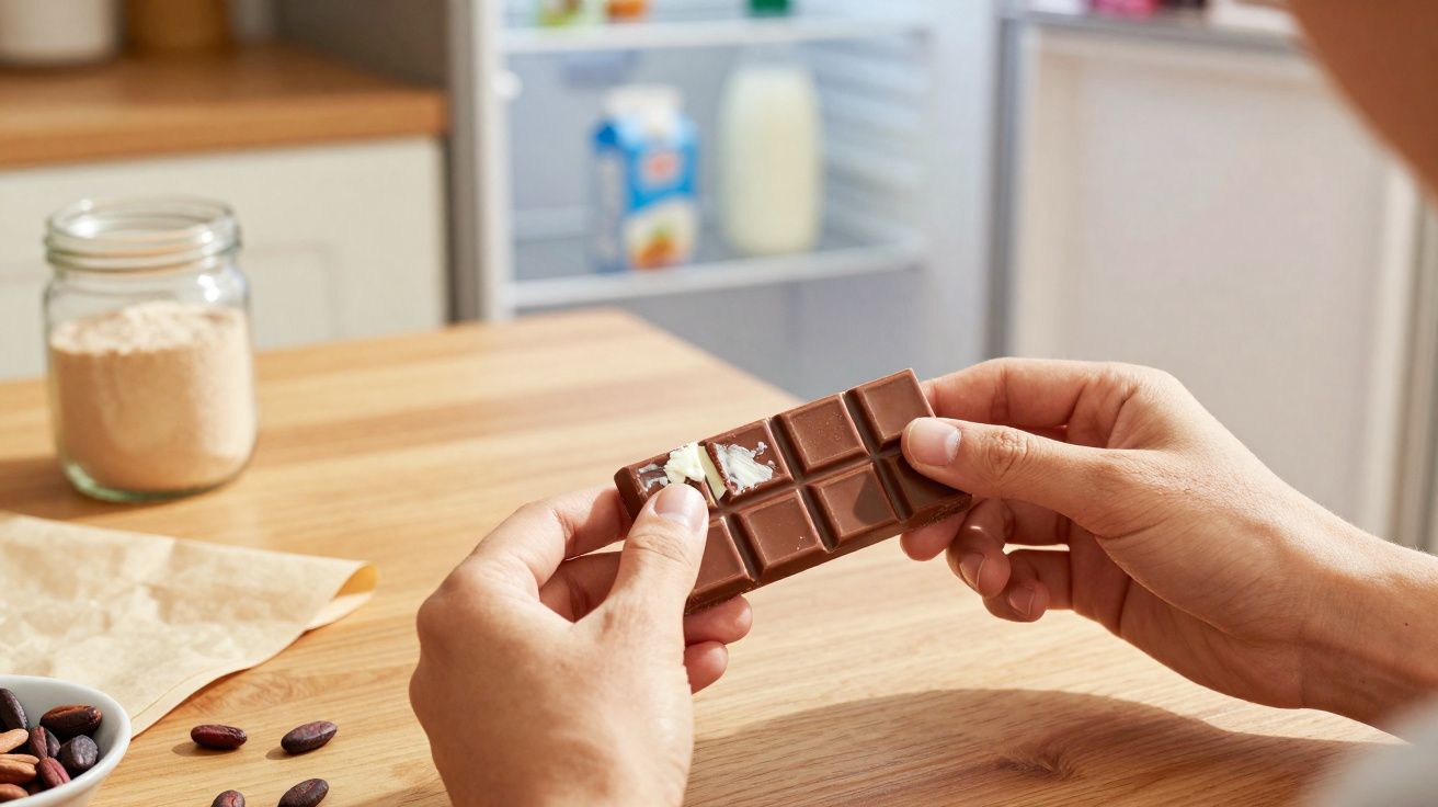 Pessoa a partir um quadrado de chocolate em cozinha com frigorífico ao fundo.