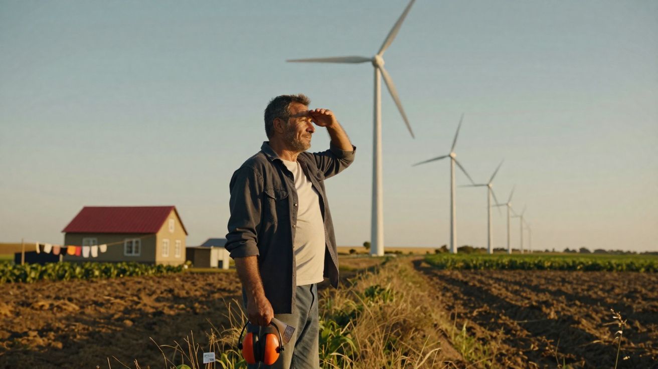 Homem rural de pé num campo com turbinas eólicas, a olhar para o horizonte ao entardecer.