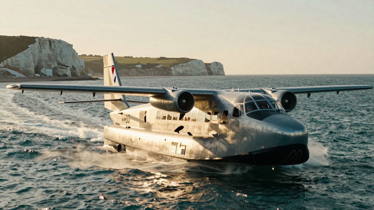Avião anfíbio a descolar da água com falésias ao fundo ao pôr do sol.