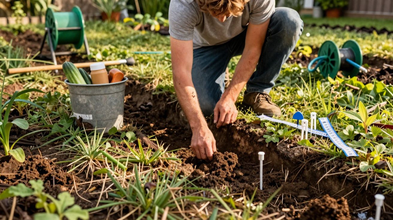 Pessoa a plantar sementes num canteiro com ferramentas e rega de jardim ao lado.