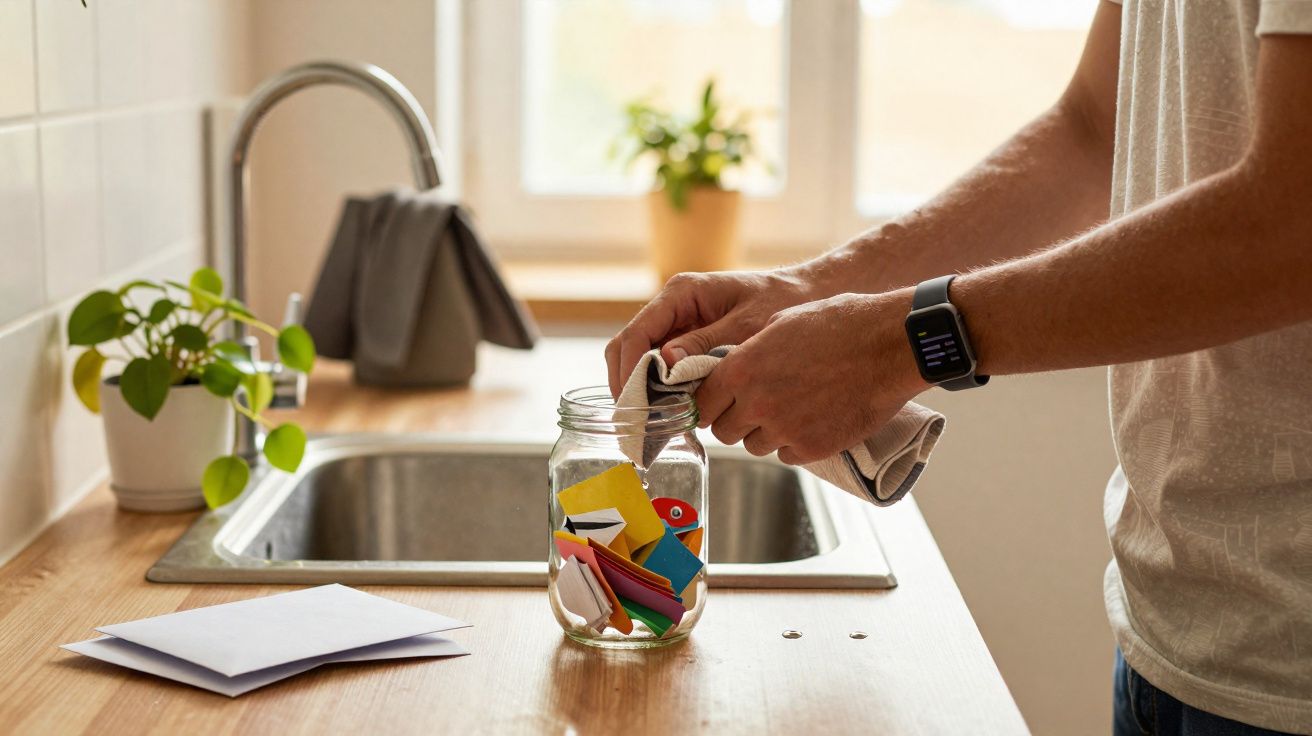 Pessoa a limpar frasco de vidro com notas coloridas numa cozinha com luz natural.