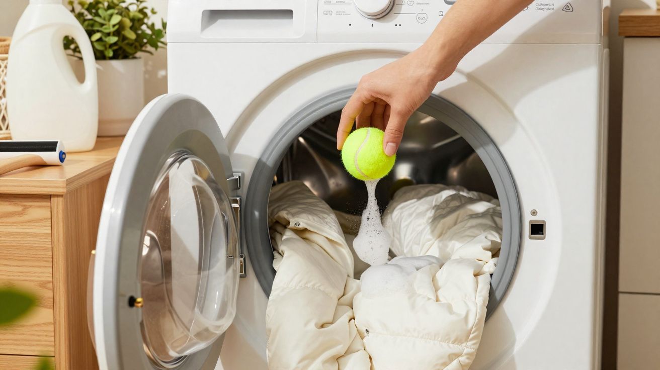 Máquina de lavar roupa aberta com um casaco branco dentro e mão a remover espuma com uma bola de ténis.