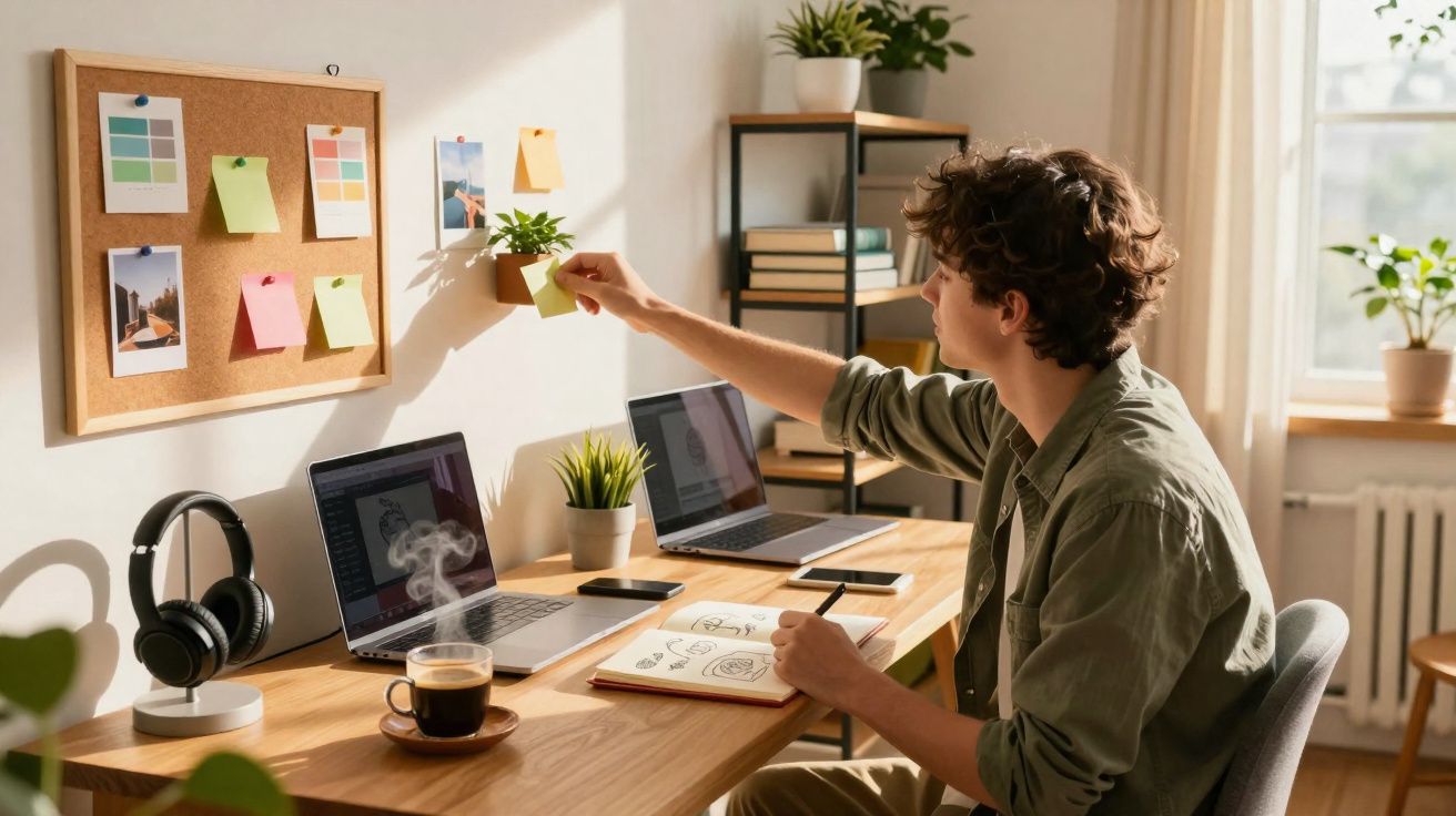 Jovem a organizar post-its num escritório em casa com dois portáteis e uma bebida quente na secretária.
