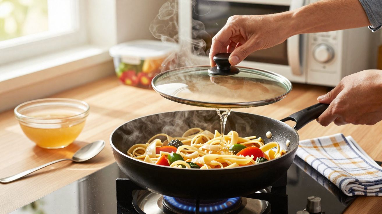 Mãos a retirar tampa de frigideira com massa e legumes a cozinhar num fogão a gás.