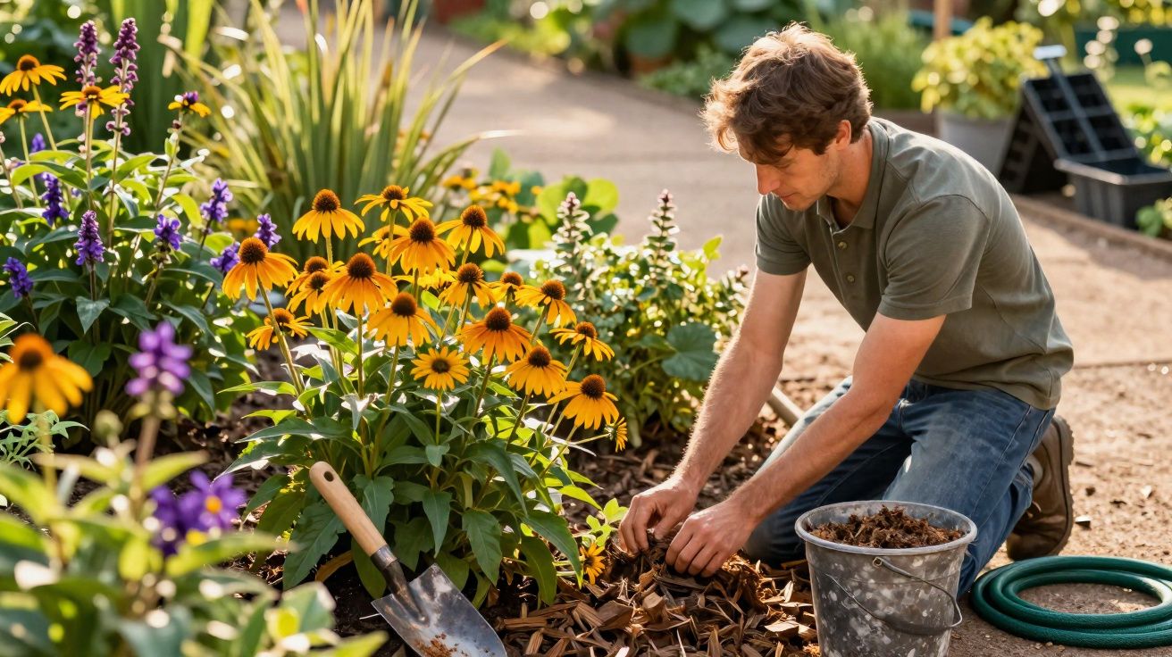 Homem a cuidar de flores amarelas num jardim com ferramentas e regador ao lado.