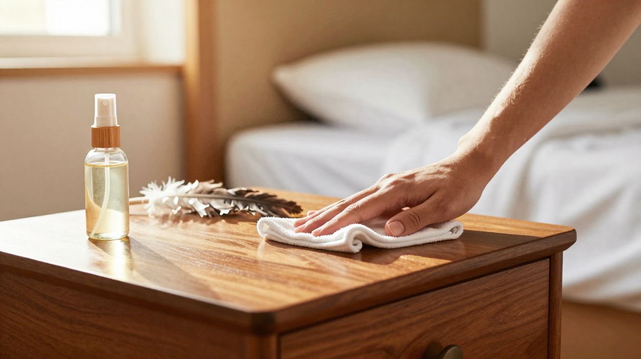 Mão a limpar a superfície de uma mesa de cabeceira em madeira com um pano branco, com spray e penas.