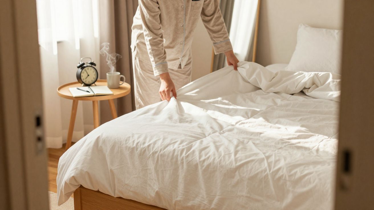 Pessoa a fazer a cama com roupa de cama branca num quarto iluminado pela luz natural.